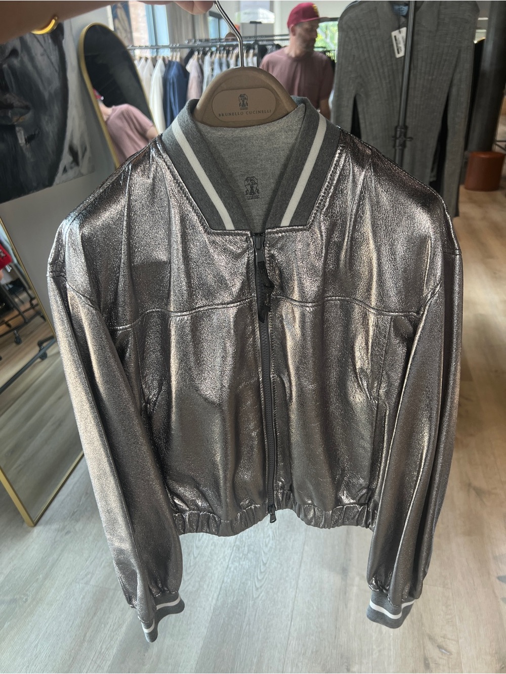 Brunello Cucinelli Silver Leather Bomber